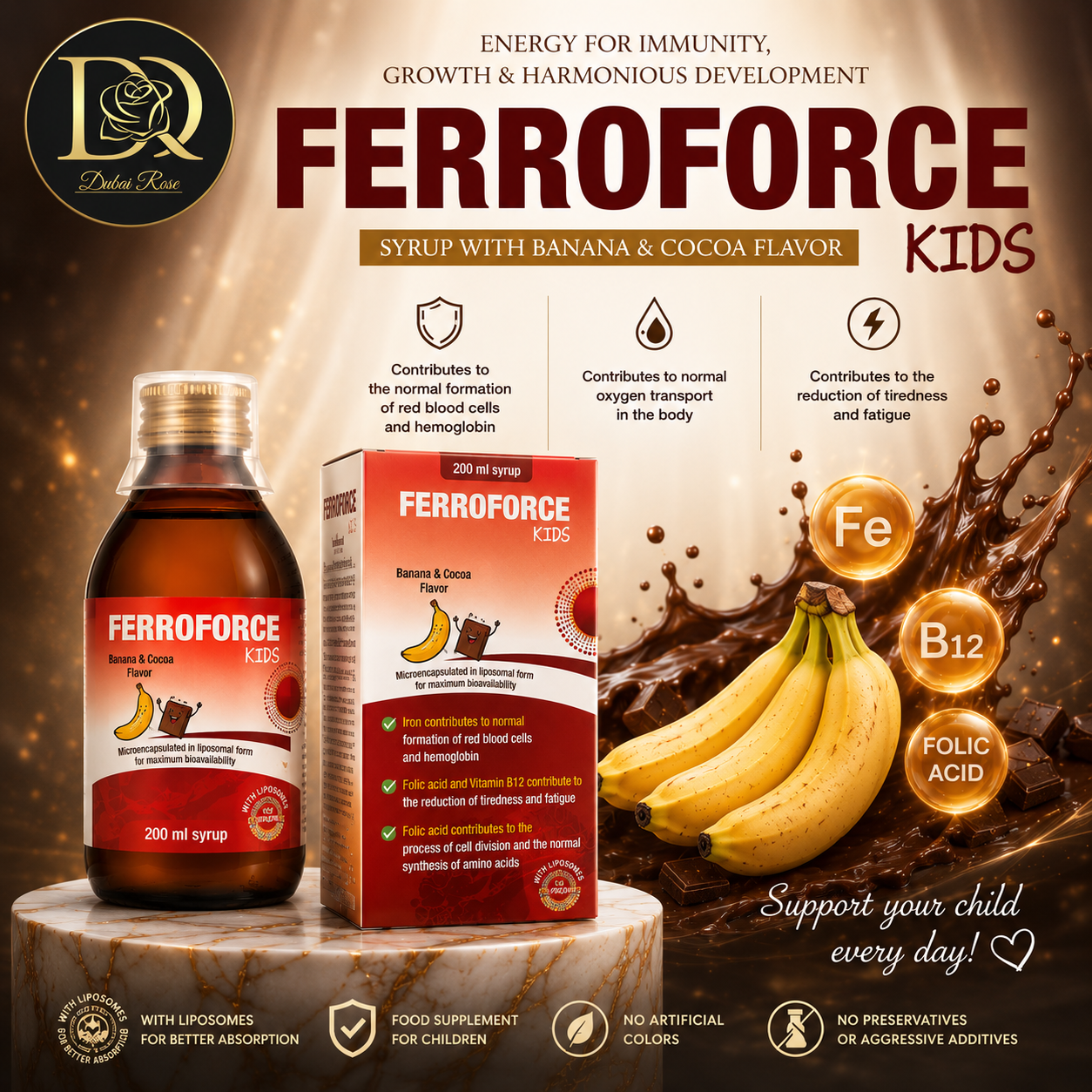 FERROFORCE KIDS Liposomal Iron Syrup 200 ml Banana & Cocoa Flavor (Iron, Folic Acid & Vitamin B12)