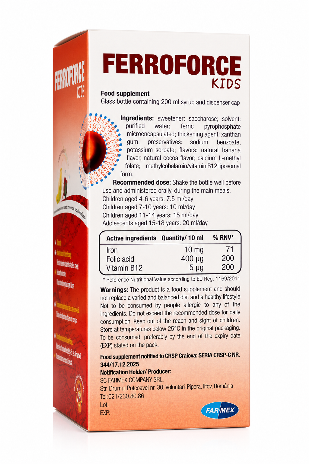 FERROFORCE KIDS Liposomal Iron Syrup 200 ml Banana & Cocoa Flavor (Iron, Folic Acid & Vitamin B12)