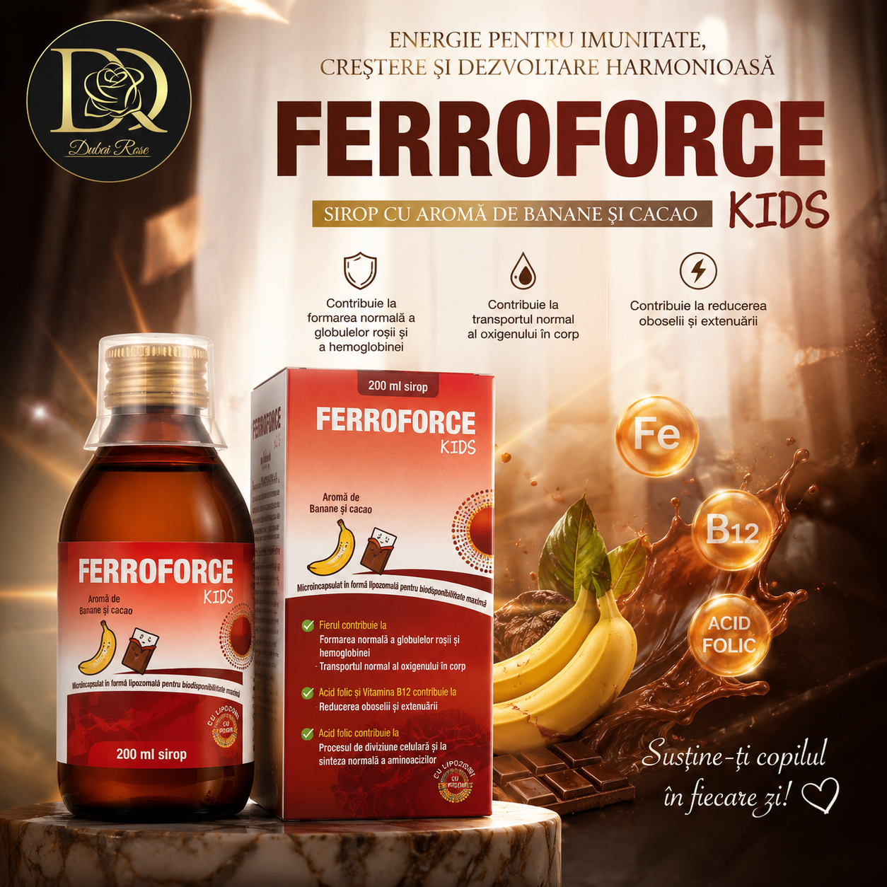 FERROFORCE KIDS Liposomal Iron Syrup 200 ml Banana & Cocoa Flavor (Iron, Folic Acid & Vitamin B12)