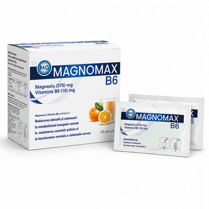 MAGNOMAX B6 Food Supplement, Magnesium 375 mg + Vitamin B6 10 mg, Orange Flavor, 20 Sachets