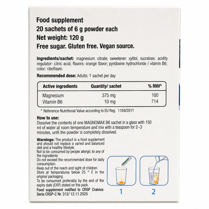 MAGNOMAX B6 Food Supplement, Magnesium 375 mg + Vitamin B6 10 mg, Orange Flavor, 20 Sachets