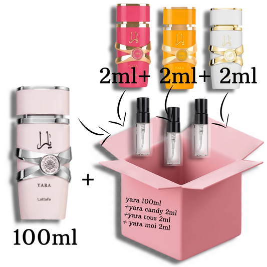 Lattafa Yara 100ml EDP + samples 2ml of (Yara Candy+Yara Tous+Yara Moi)